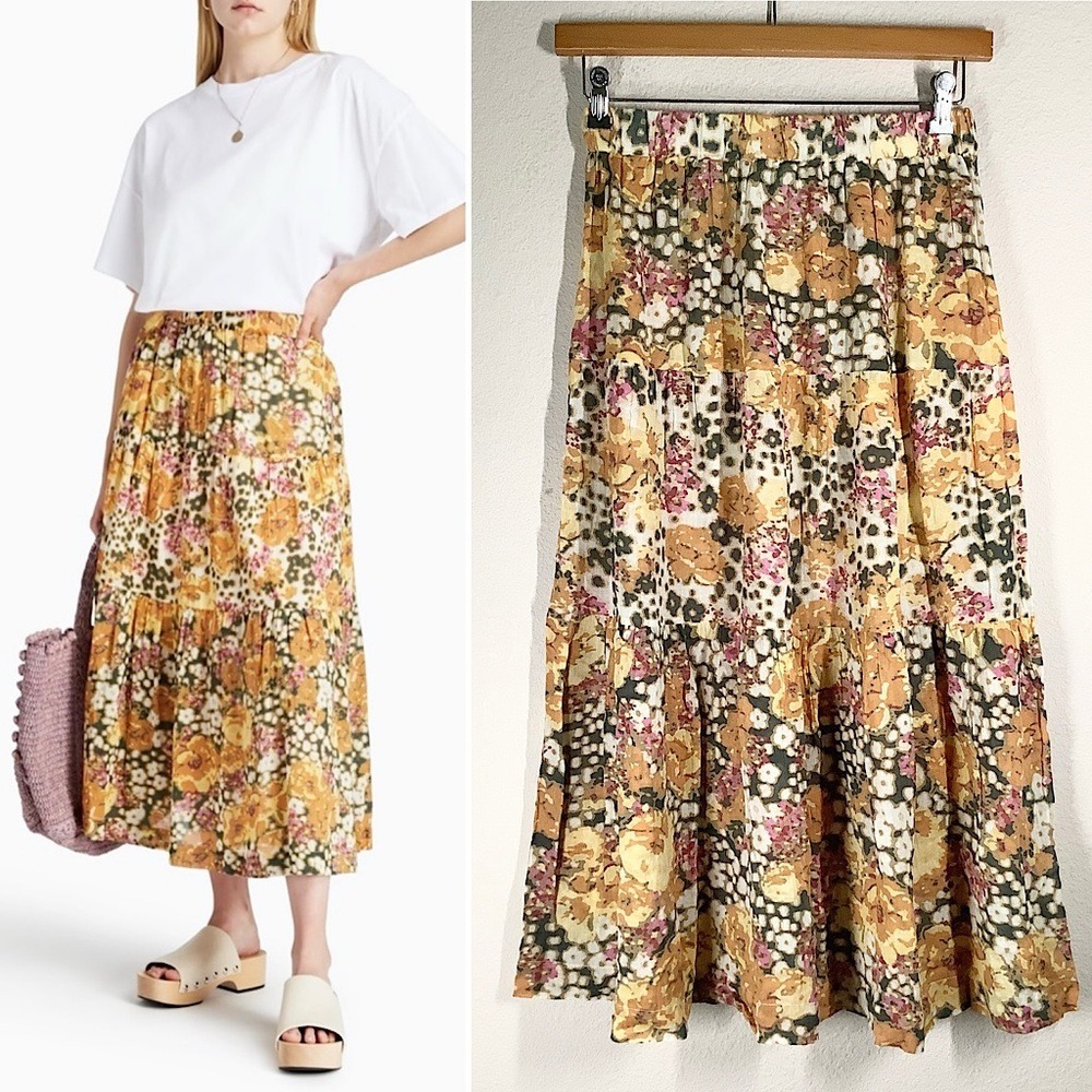 BA&SH Tiered Floral Midi Skirt M Semi Sheer Pull-On Hippie Festival Beach Resort - Picture 9 of 12
